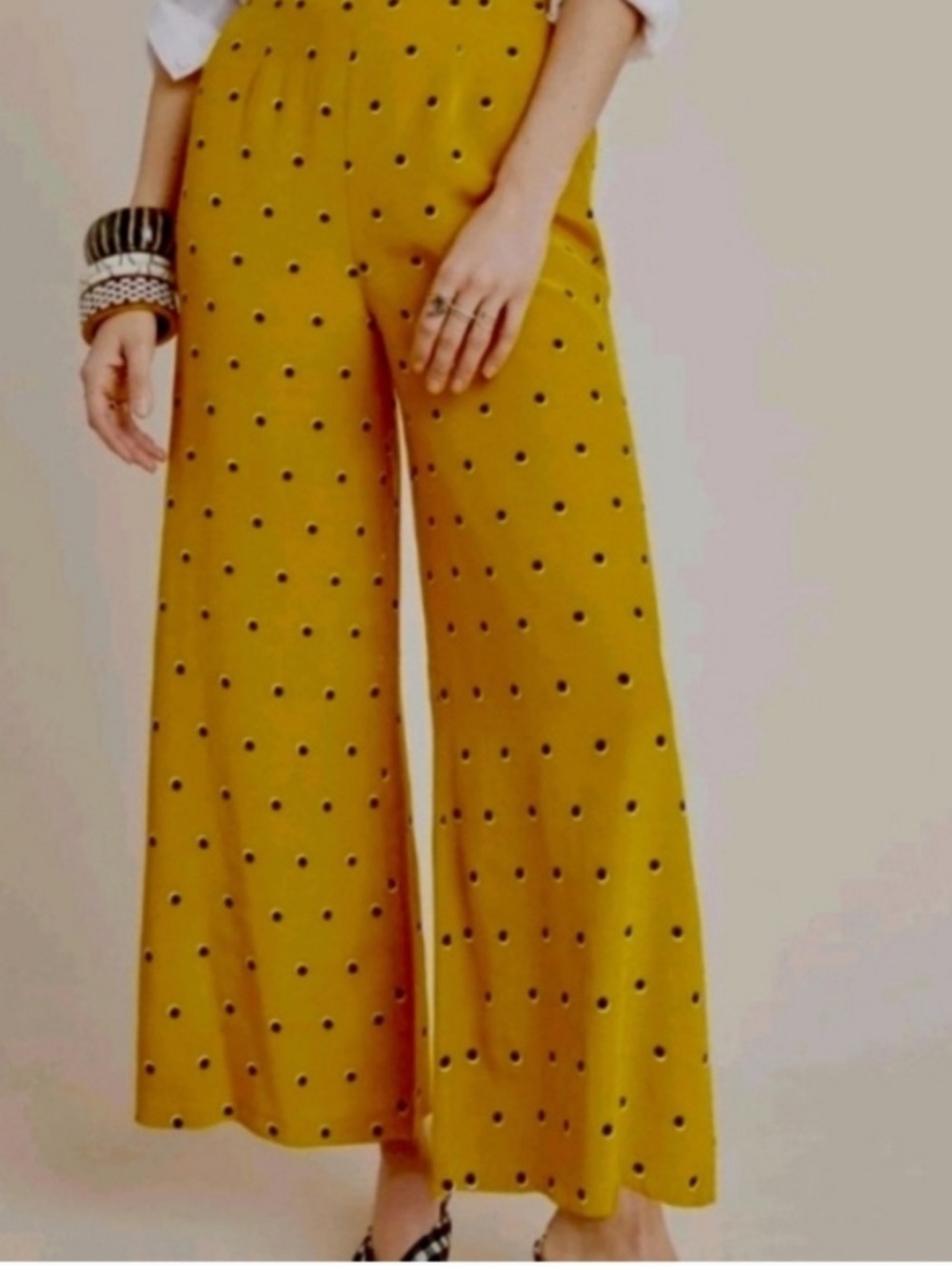 Astr Wide Leg Palazzo Pants Mustard Yellow Black Polka Dots XS